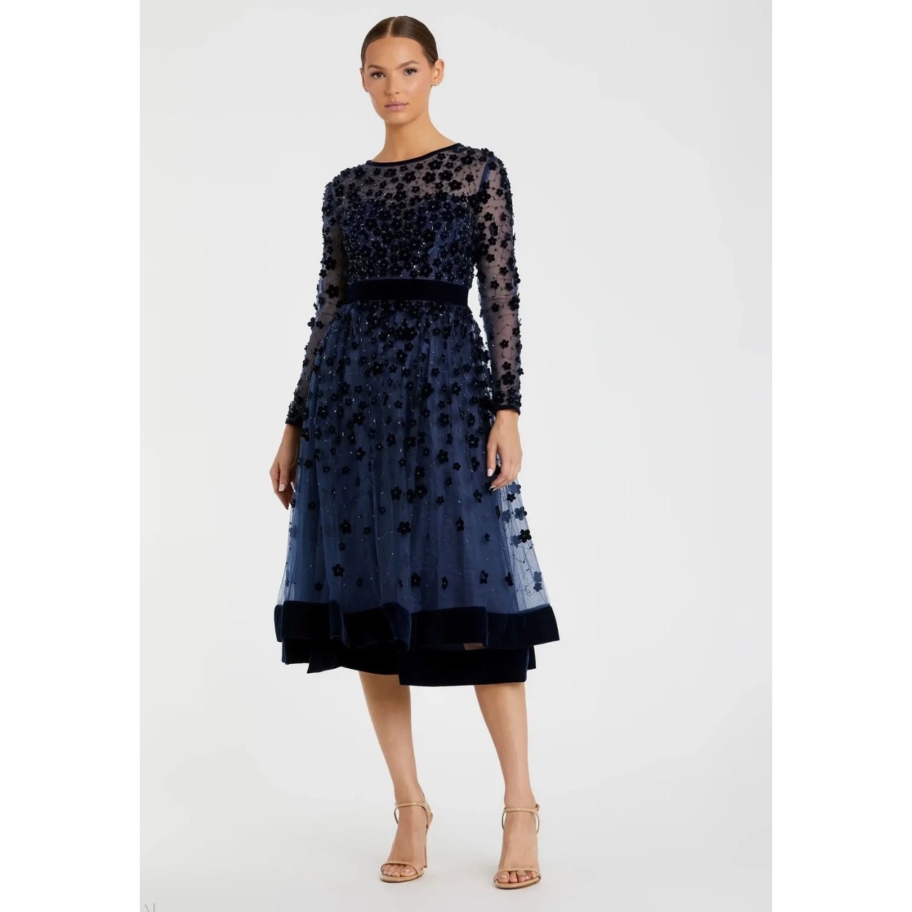 Mac Duggal Embellished Illusion High Neck Long Sleeve Fit & Flare Dress 12 Nwt